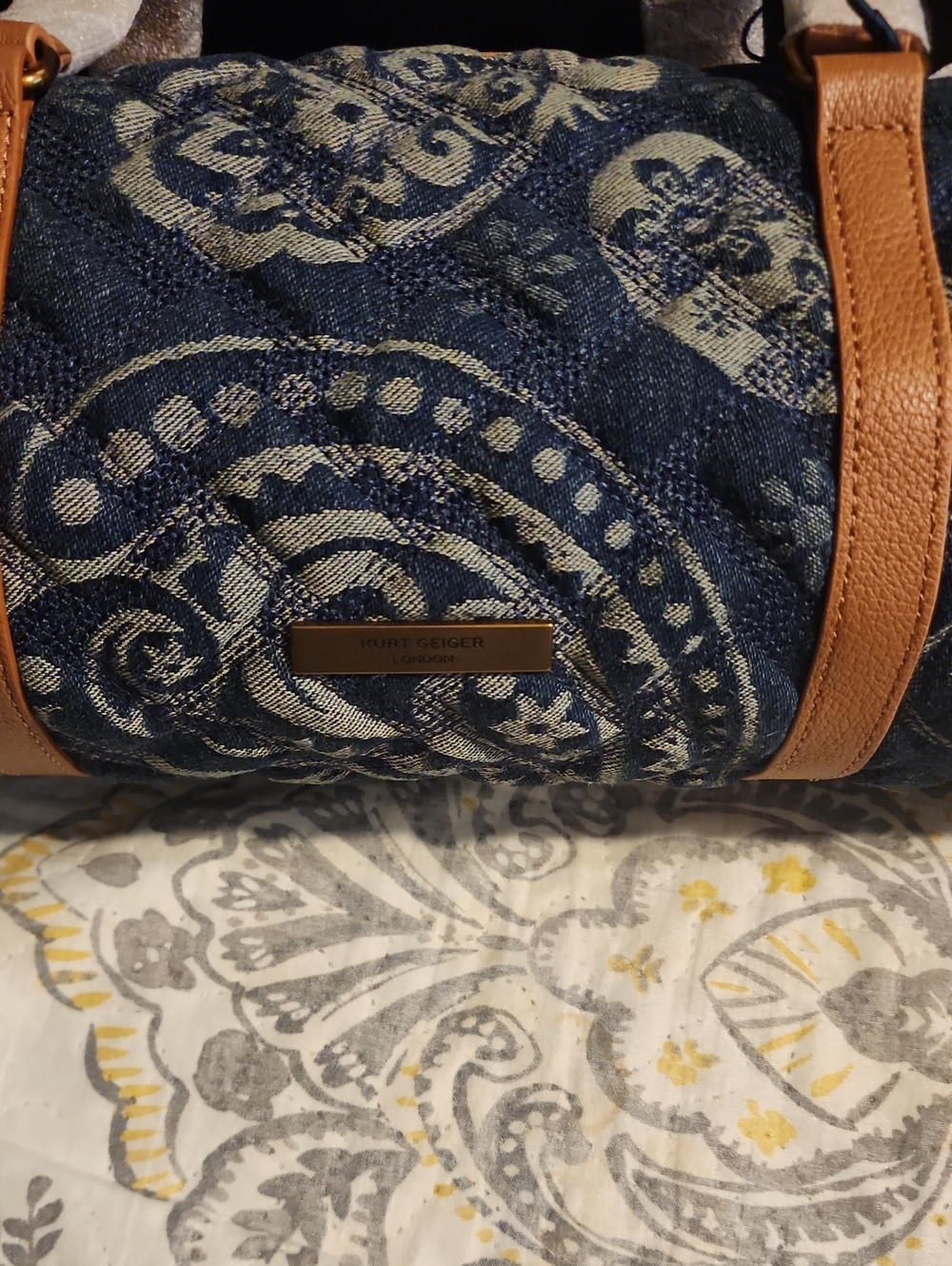 Kurt Geiger Blue Paisley Quilted Denim Barrel Bag - Picture 4 of 5